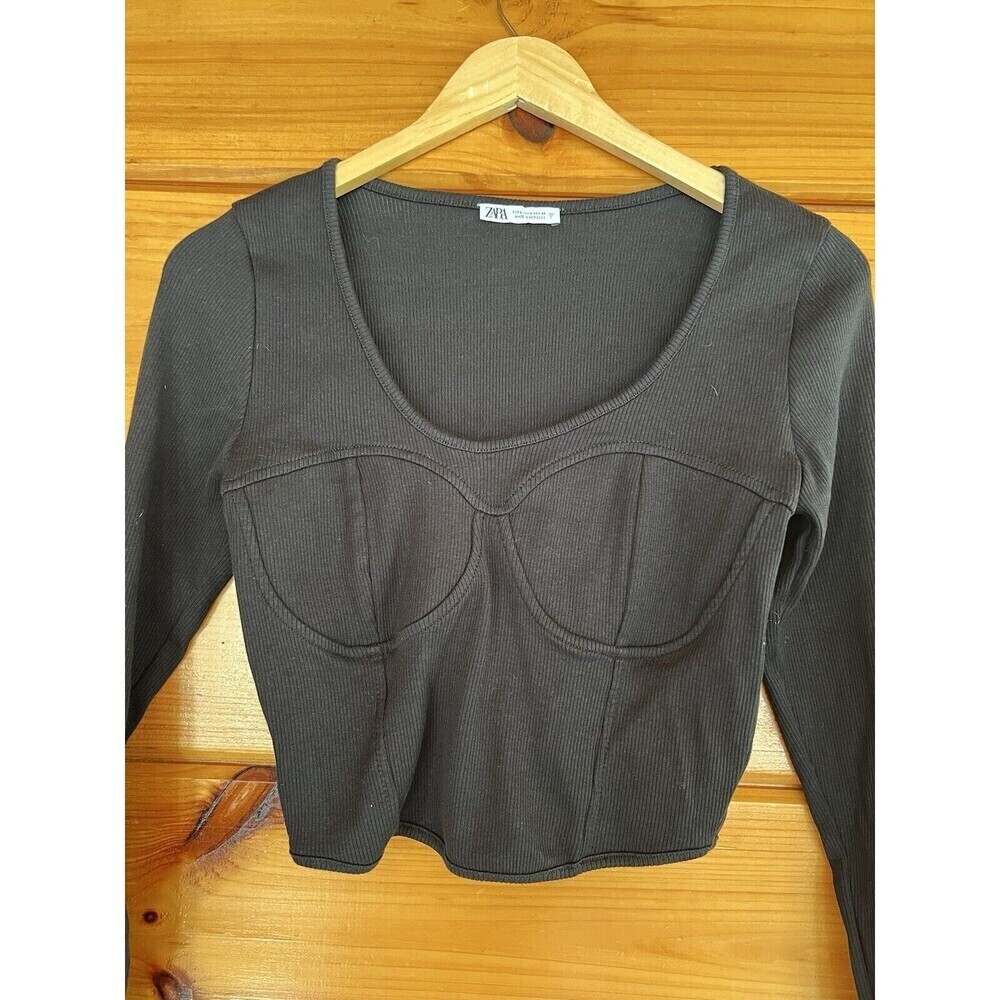 Zara Crop Top Womens Large EUC Black Long Sleeve Scoop Neck Top Casual Outdoors